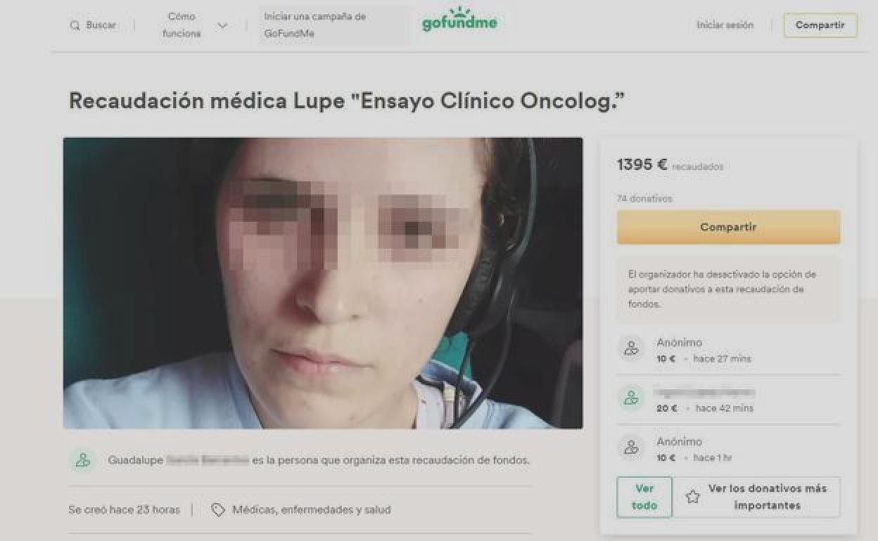 Imagen de la plataforma en la que se solicitó la ayuda para Lupe tras cerrar las donaciones. 