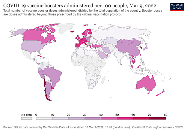 Figura 1. Dosis de refuerzo de vacuna covid-19 administradas por cada 100 personas.