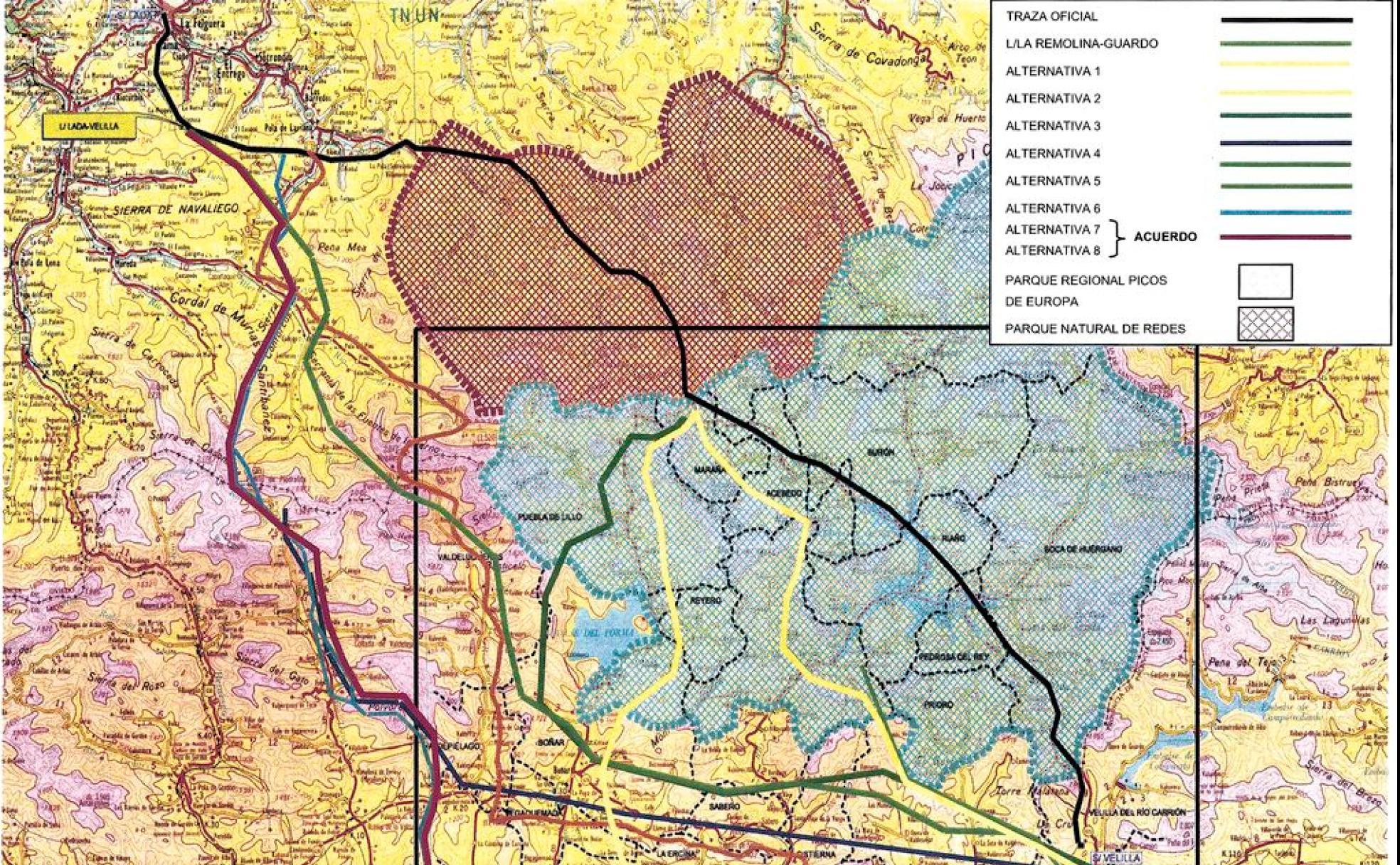 Imagen del mapa para el trazado de la línea Sama-Velilla proyectada en XXX y que ahora será desmantelada. 