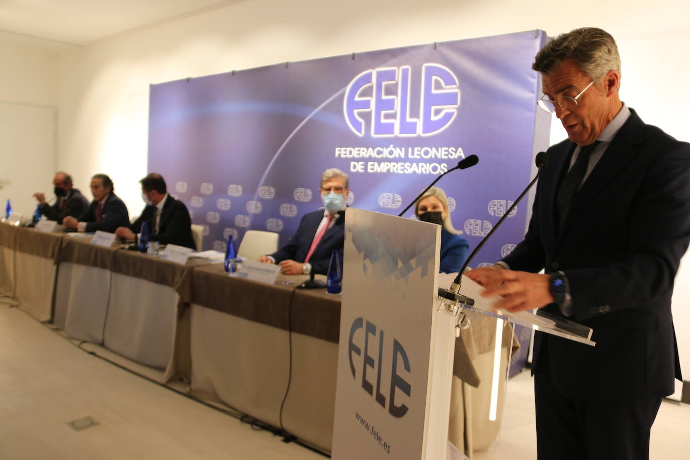 El presidente de la Confederación Española de la Pequeña y Mediana Empresa, Cepyme, Gerardo Cuerva, clausura la Asamblea General de la Federación Leonesa de Empresarios, Fele.