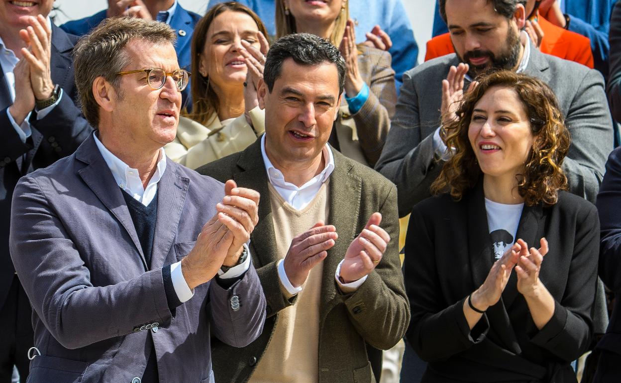 El nuevo líder del PP, Alberto Núñez Feijóo (i) y los presidentes de Andalucía, Juanma Moreno (c) y de Madrid, Isabel Díaz Ayuso (d), en la fotografía de familia del nuevo Comité Ejecutivo Nacional del partido tras su elección como presidente, el pasado 3 de abril, en la Plaza de España de Sevilla. EFE/ Raúl Caro