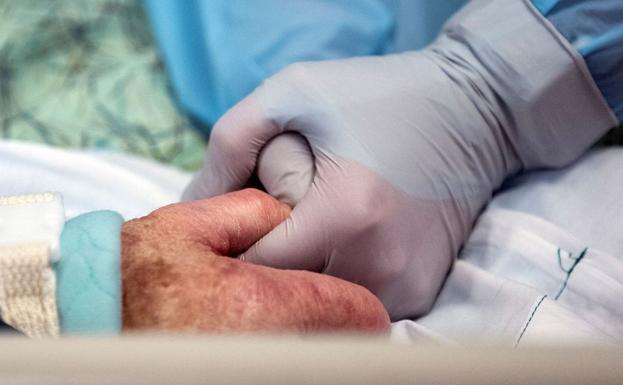 Un paciente covid recibe el ánimo de una enfermera en una unidad de críticos. 