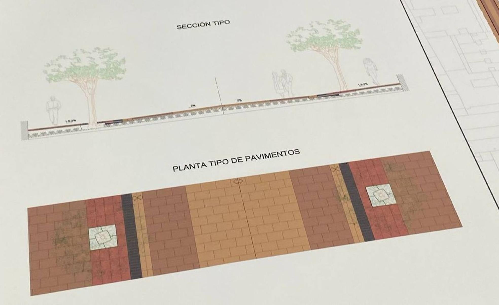 Planos de sección tipo y planta tipo de pavimentos que se emplearán en la humanización de siete arterias de la ciudad. 