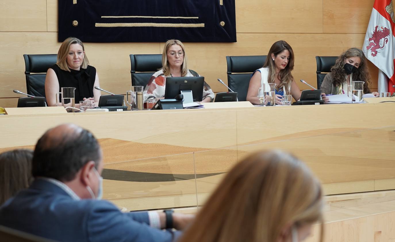 La consejera de Familia e Igualdad de Oportunidades, Isabel Blanco, conversa con la profesora socialista Nuria Rubio abres de comparecer en las Cortes para exponer el programa de actuaciones de su departamento en la presente legislatura.