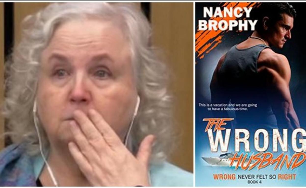 La novelista Nancy Crampton Brophy, durante el juicio. A la derecha, portada del libro 'El marido equivocado'.