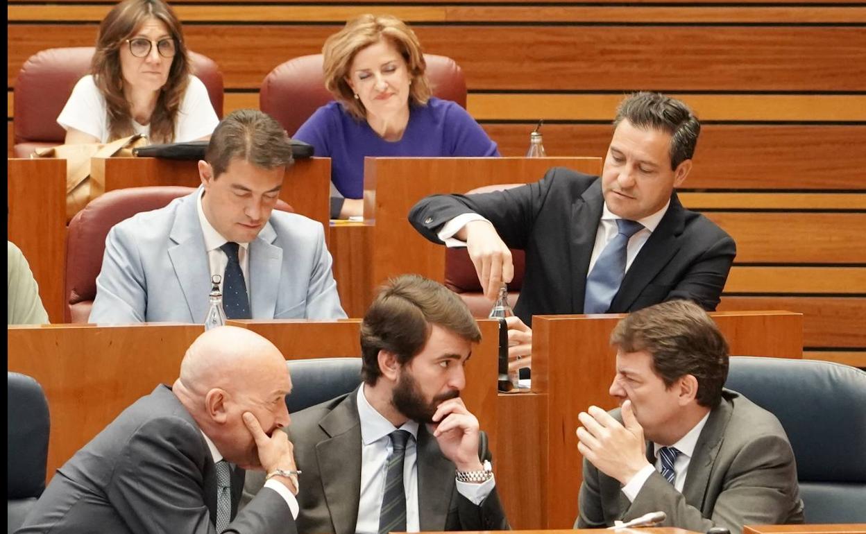 . El presidente de la Junta, Alfonso Fernández Mañueco, conversa con el vicepresidente, Juan García Gallardo, y con el consejero de la Presidencia, Jesús Julio Carnero, durante el Pleno de las Cortes