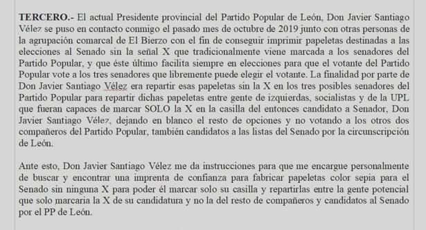 Imagen de la narración remitida por un miembro de comité de campaña del PP a Génova relatando los episodios sucedidos en el interior de la formación política. 