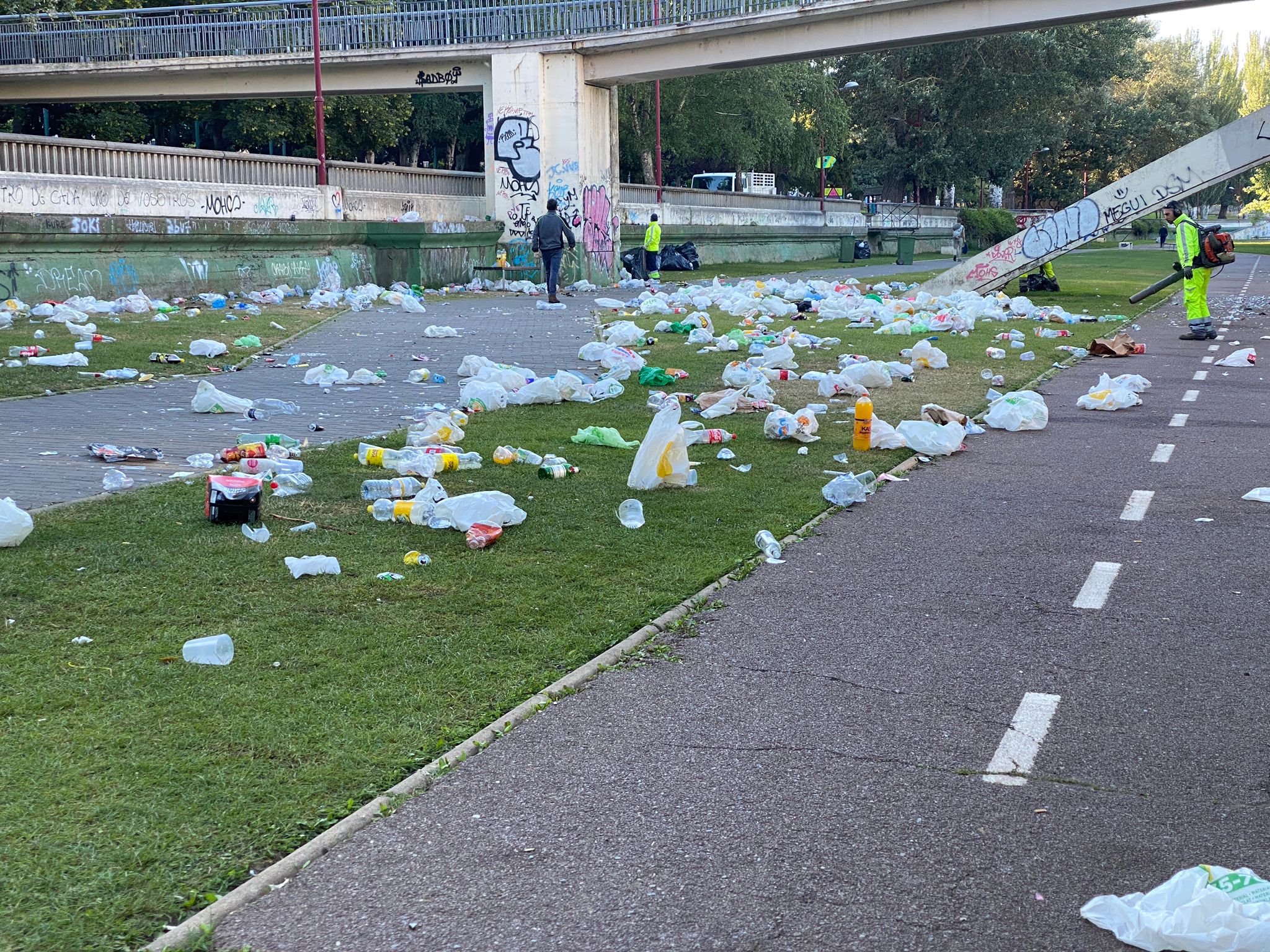 San Pedro se cita con el botellón a orillas del Bernesga. Las brigadas del Servicio de Jardines del Ayuntamiento de León recoge kilos de basura que los más jóvenes dejaron durante la pasada noche en una nueva fiesta en la ribera del río.