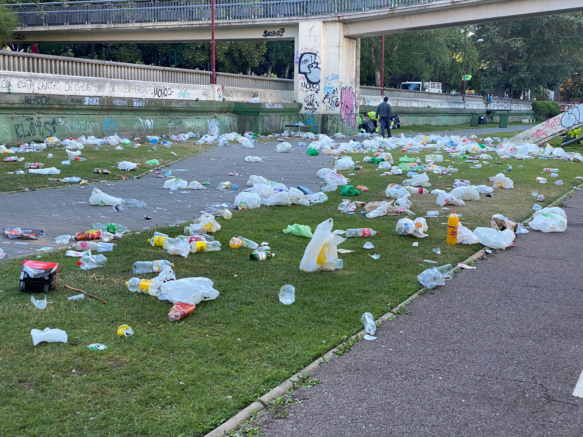 San Pedro se cita con el botellón a orillas del Bernesga. Las brigadas del Servicio de Jardines del Ayuntamiento de León recoge kilos de basura que los más jóvenes dejaron durante la pasada noche en una nueva fiesta en la ribera del río.