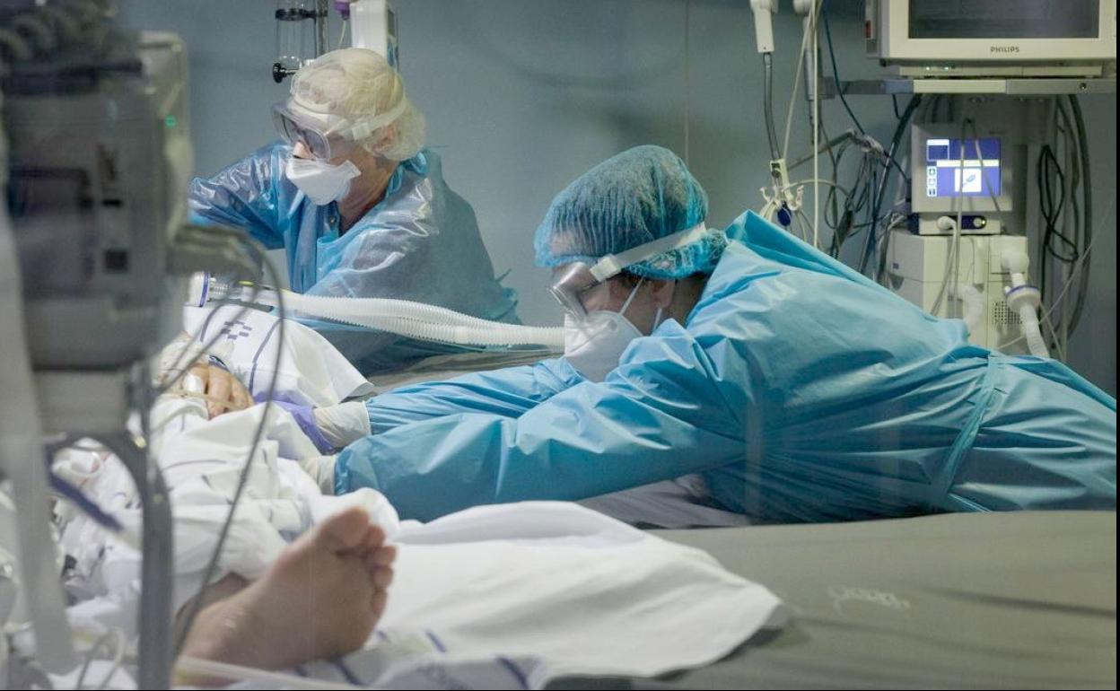 Tres fallecidos y 992 casos covid en León evidencian la nueva ola de la pandemia. En la imagen, un paciente en una unidad de críticos.