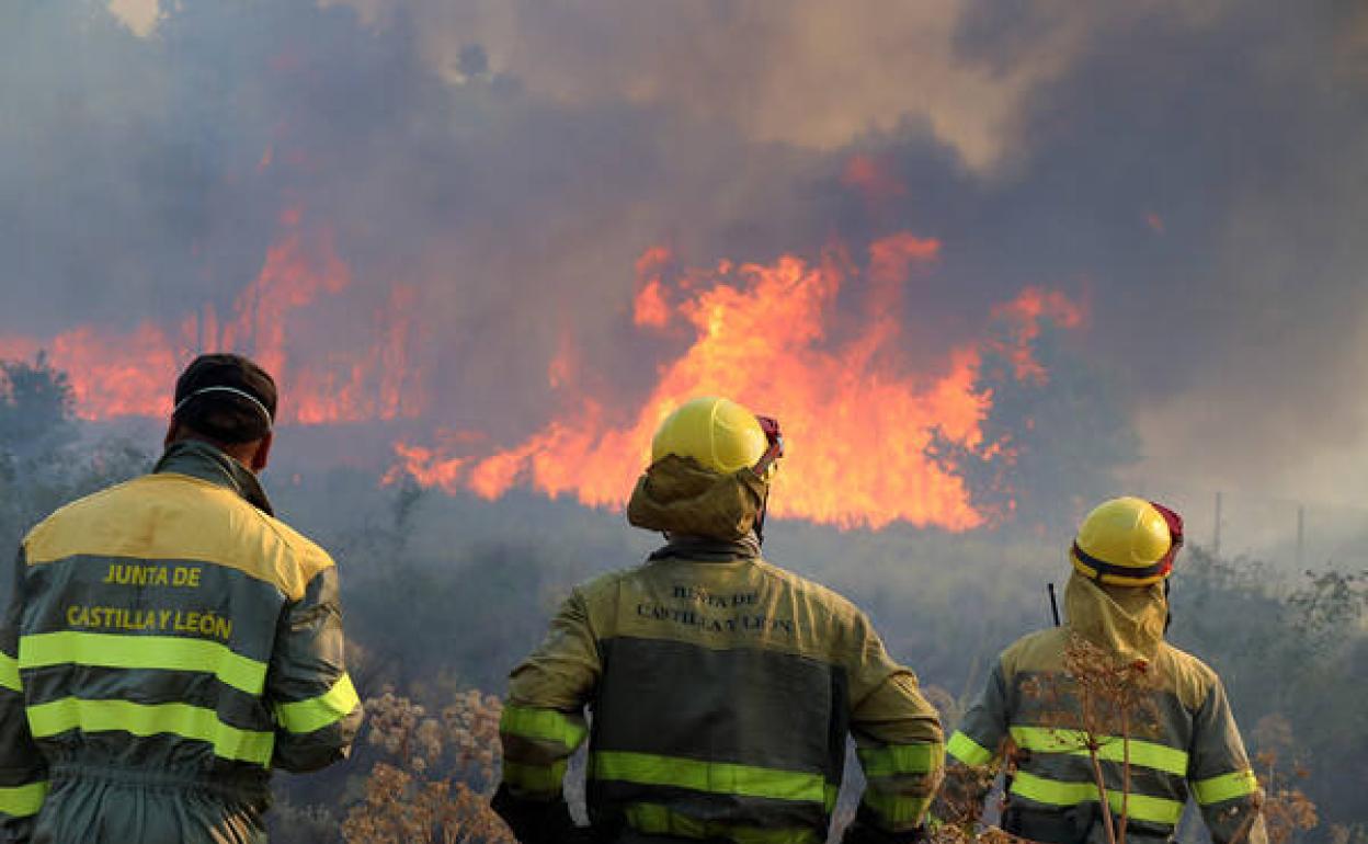 Imagen de tres trabajadores en el incendio de este jueves en San Andrés del Rabanedo. 