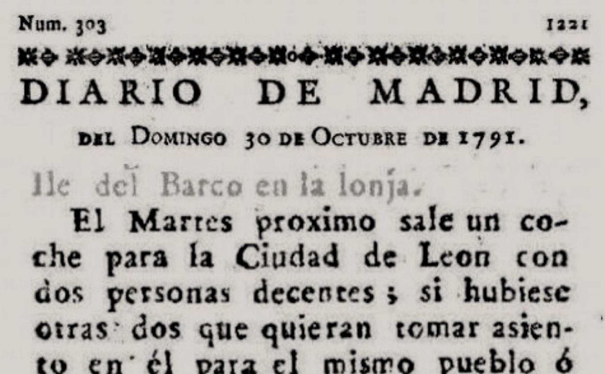 Imagen del Diario de Madrid publicado en 1791 y en la que se anima a compartir carruaje con destino a León. 