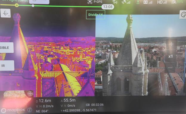 Imagen. Imagen de uno de los drones al sobrevolar la Catedral con la cámara térmica. 