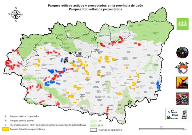 Mapa de parques eólicos y fotovoltaicos en la provincia de León. 