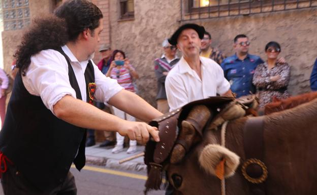 Galería. Un hombre guía a las cabezas de ganado por las calles de León.