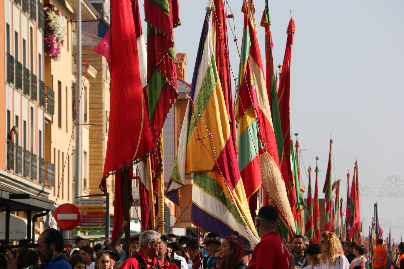 Desfile de pendones y carros engalanados en la romería de San Froilán. 