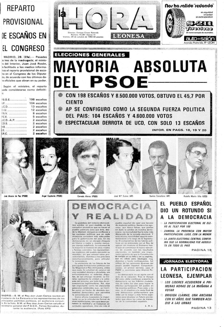 La provincia recuerda los más de 130.000 votos que sirvieron para que el PSOE alcanzara, 'POr el cambio', el gobierno de España. Diez millones de votos encumbraron a Felipe González, que tuvo en León uno de sus mítines más importantes en la historia de la política local con 10.000 asistentes. El PSOE logró el 48,4 % de los sufragios frente a la derecha. Este es el resumen de prensa de la época. 