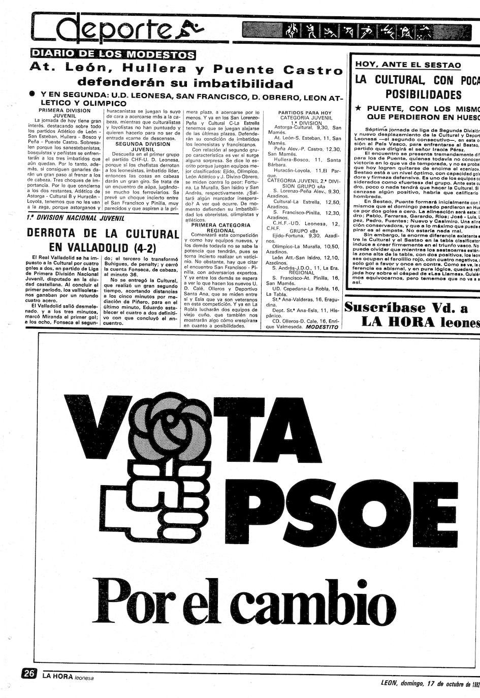 La provincia recuerda los más de 130.000 votos que sirvieron para que el PSOE alcanzara, 'POr el cambio', el gobierno de España. Diez millones de votos encumbraron a Felipe González, que tuvo en León uno de sus mítines más importantes en la historia de la política local con 10.000 asistentes. El PSOE logró el 48,4 % de los sufragios frente a la derecha. Este es el resumen de prensa de la época. 