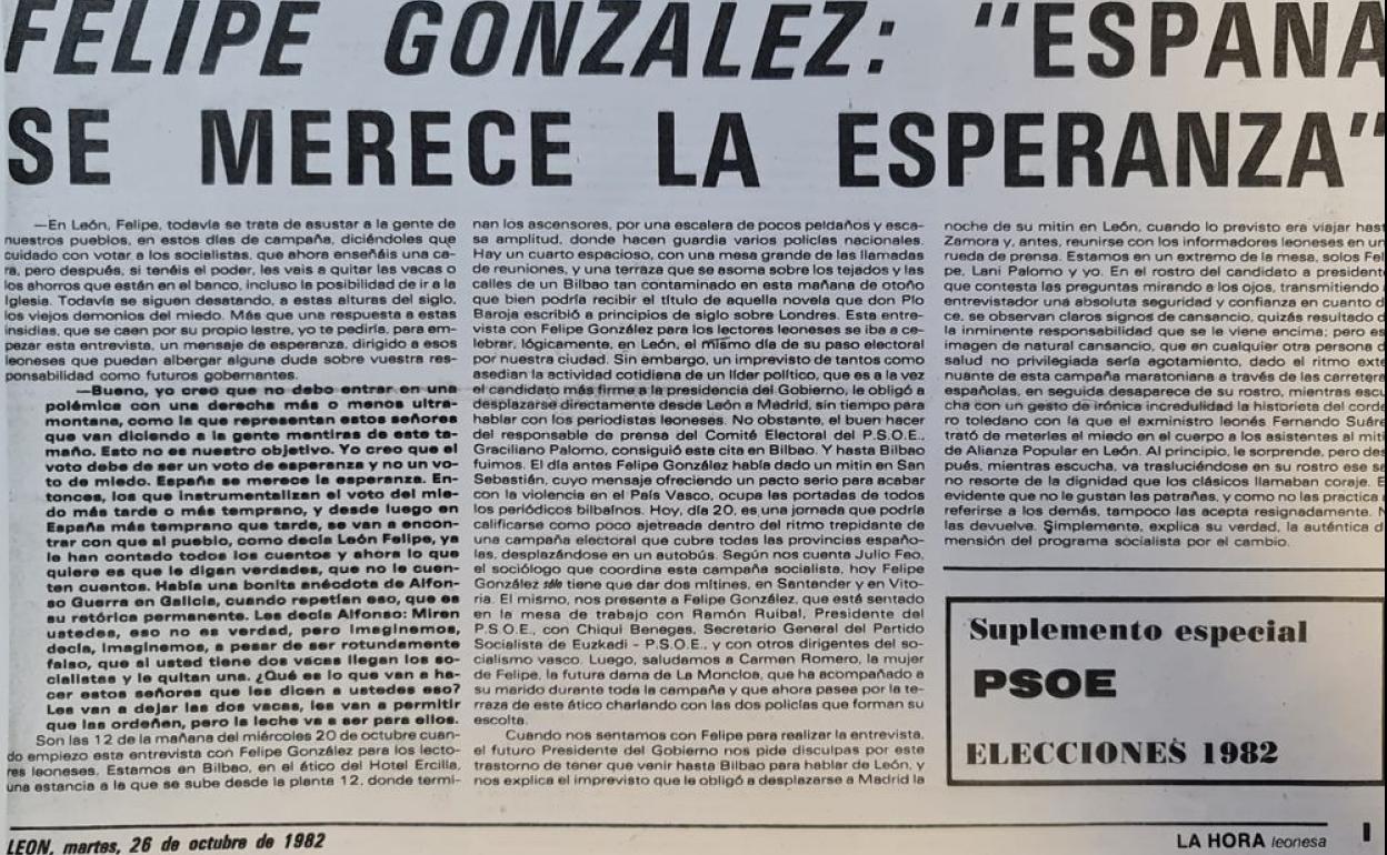 Imagen del titular de la entrevista realizada por Graciliano Palomo y Ernesto Escapa a Felipe González. Su publicación fue 'colada' en La Hora Leonesa en un suplemento electoral editado por el PSOE. 