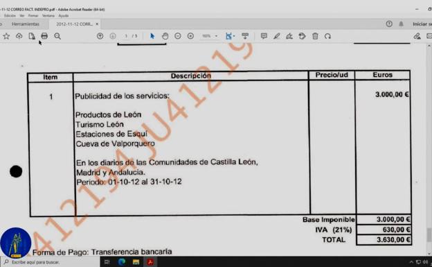 Imagen de una de las facturas abonadas por la Diputación en la etapa de Isabel Carrasco a Eico. 