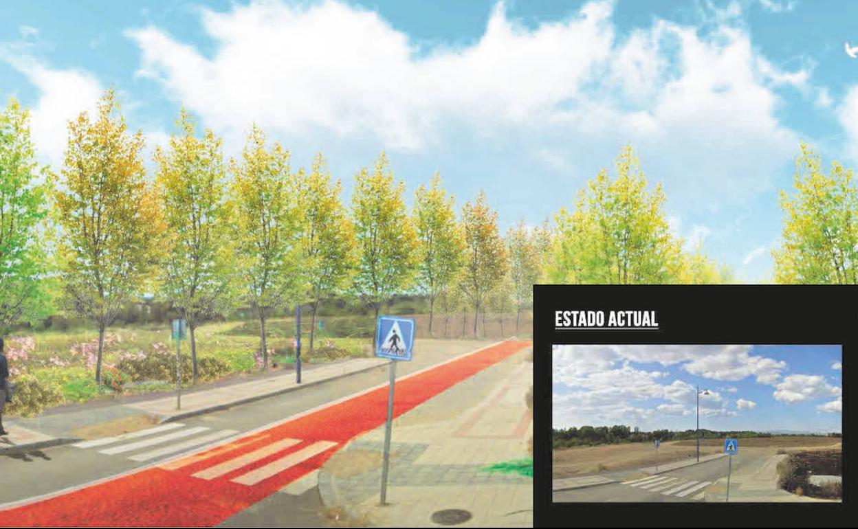 Imagen del proyecto planteado por el consistorio. Abajo a la derecha estado actual del camino. 