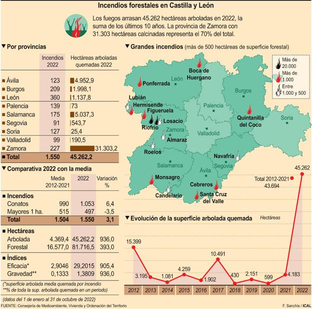 Incendios forestales en Castilla y León durante 2022. 