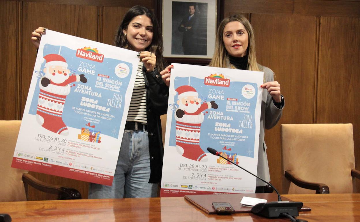 La concejala de Fiestas, Lorena Valle (D) y la coordinadora de Bierzo Natura, Rebeca de la Fuente, presentaron 'Naviland'.