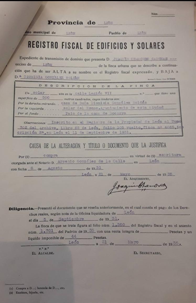 Solicitud de ingreso del edificio en el Catastro por el abajo firmante Joaquín Chamorro (1935) Archivo Provincial