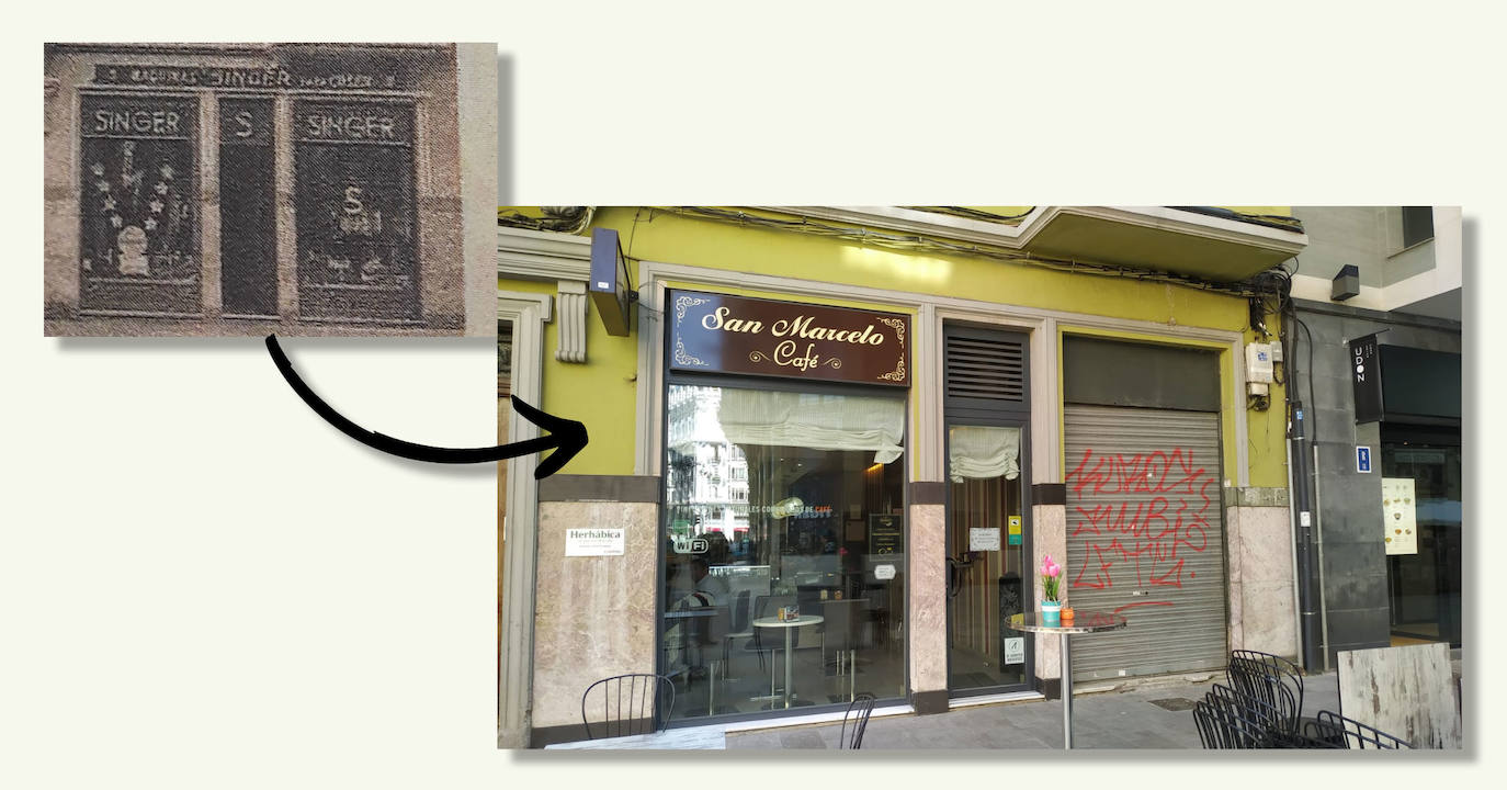 Escaparate Singer en Legión VII nº3 en 1950 / Café San Marcelo en Calle Legión VII nº3