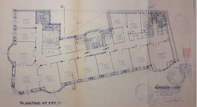 Planos de la ampliación de cinco alturas del chaflán / Arquitecto: Francisco Javier Sanz / 1945