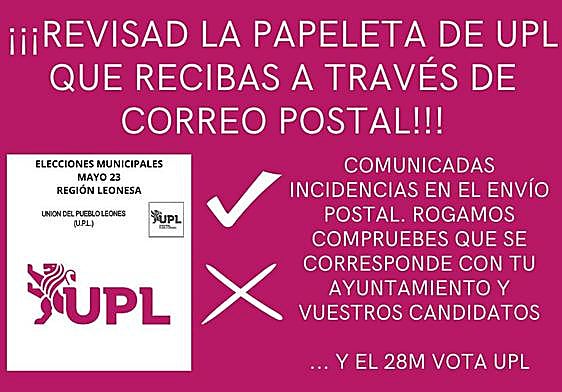 Imagen de las papeletas de advertencia difundidas por la UPL para advertir de errores en el envío postal.