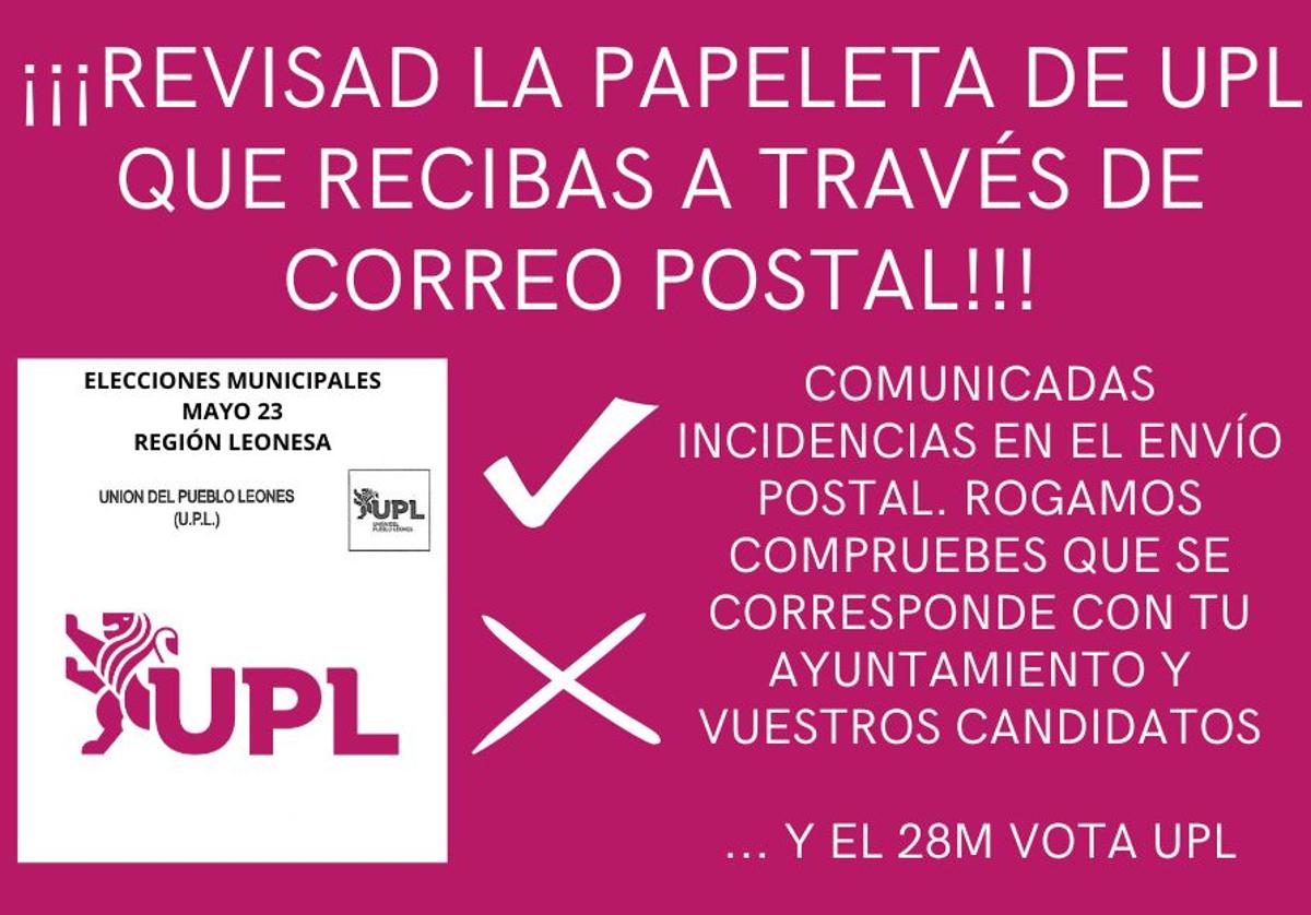 Imagen de las papeletas de advertencia difundidas por la UPL para advertir de errores en el envío postal.