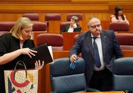 Isabel Blanco y Alejandro Vázquez a su llegada al pleno de las Cortes de Castilla y León.