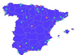 Mapa de las ciudades que aparecen como referentes de startup en España.