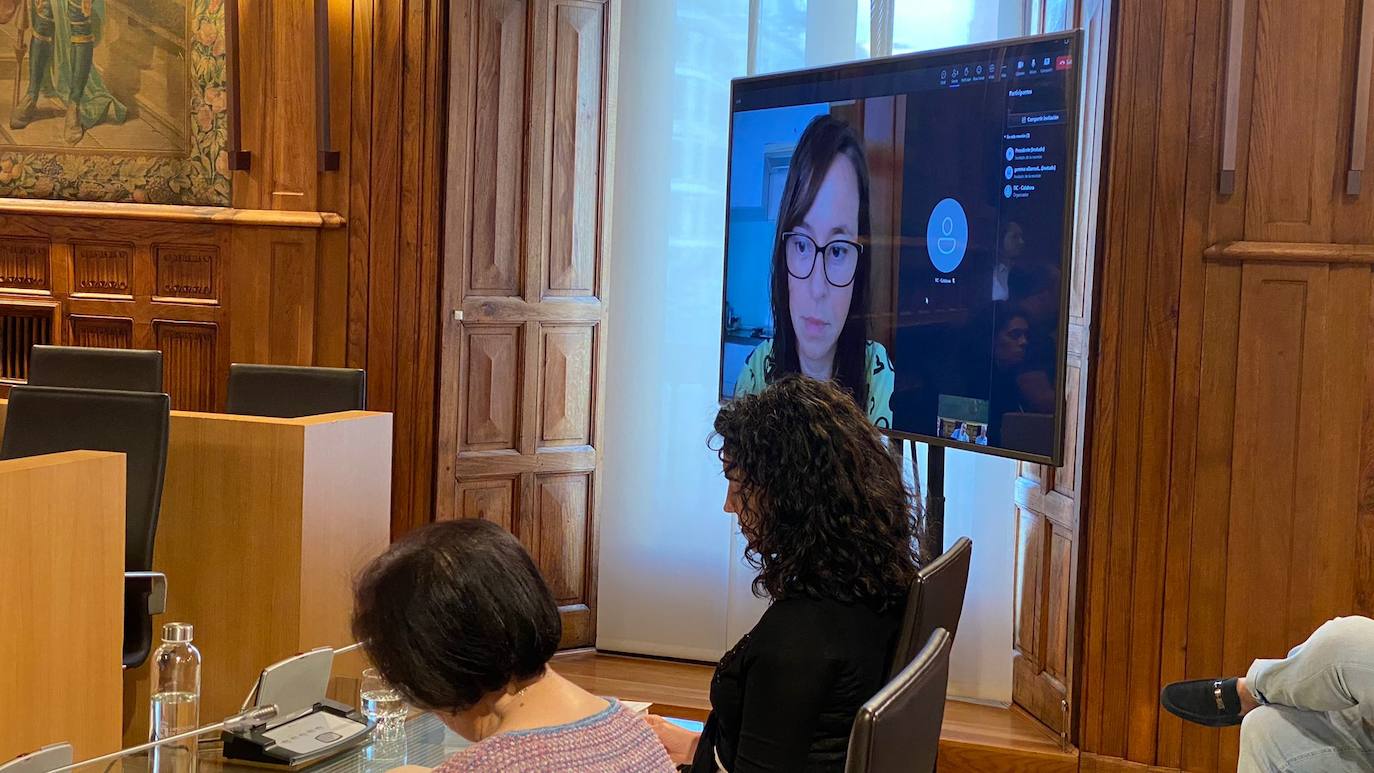 Gemma Villarroel, diputada de Ciudadanos, sigue el pleno a través de una videollamada.