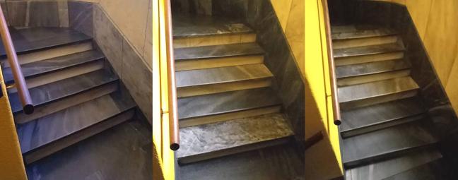 Diferentes tramos de escaleras correspondientes a los diferentes pisos. Algunos con 4 escalones, otros 5, e incluso hasta 10 en el portal (Edificio Valentín).