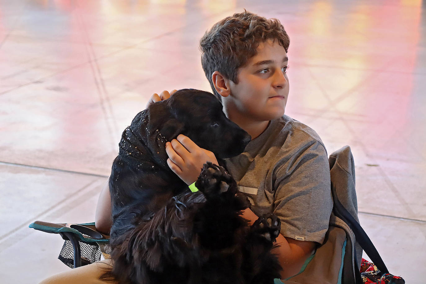 Un niño juega con su perro en el Palacio de Exposiciones en la XXV Exposición Internacional Canina de León