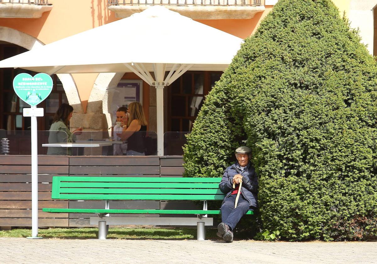 Un señor se protege del sol en un banco de la plaza del Ayuntamiento de Ponferrada