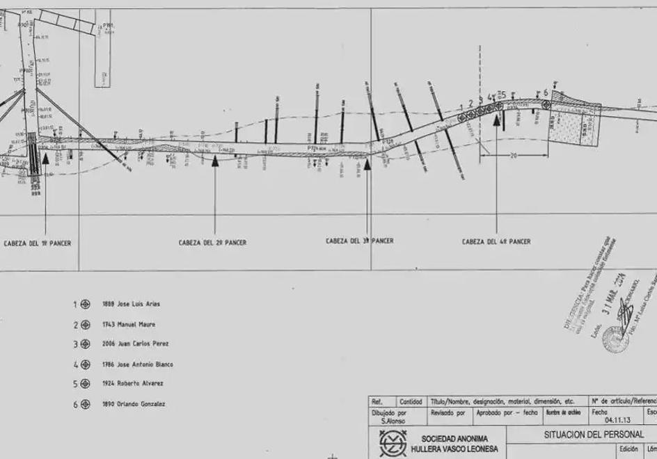 Plano de la planta donde tuvo lugar el accidente y situación de los cadáveres.