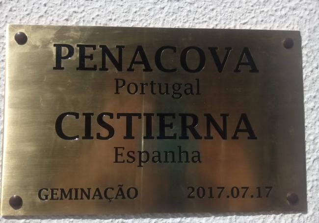 Placa conmemorativa del hermanamiento de Peñacova y Cistiern en el año 2017.