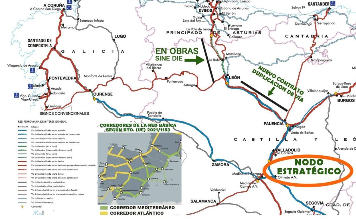 Mapa descripción de la Red de Ferrocarriles del Noroeste y su vinculación con el Corredor Atlántico aportado por Ciudadanos. 