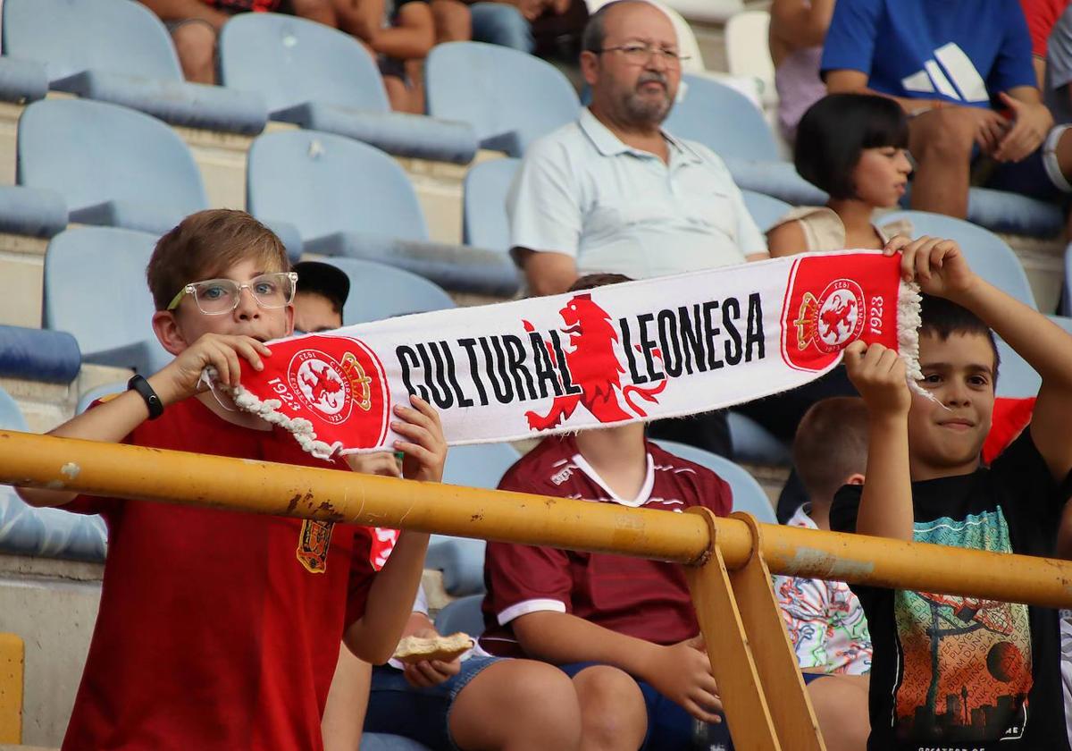 Dos aficionados de la Cultural, en el partido contra el Rayo Majadahonda en el Reino.