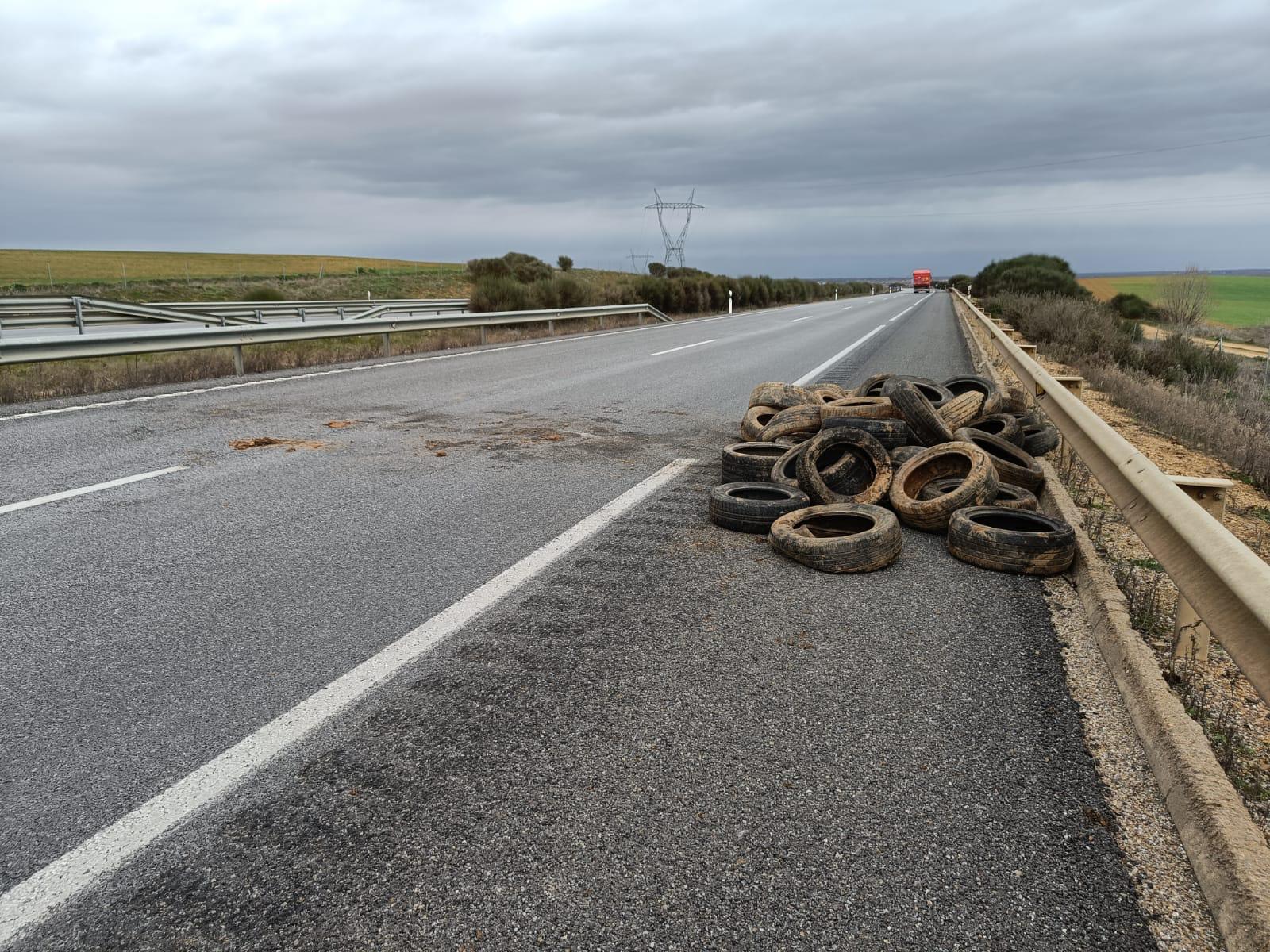 Neumáticos que ocuparon la calzada de la AP-66 y obligaron a cortar un carril.