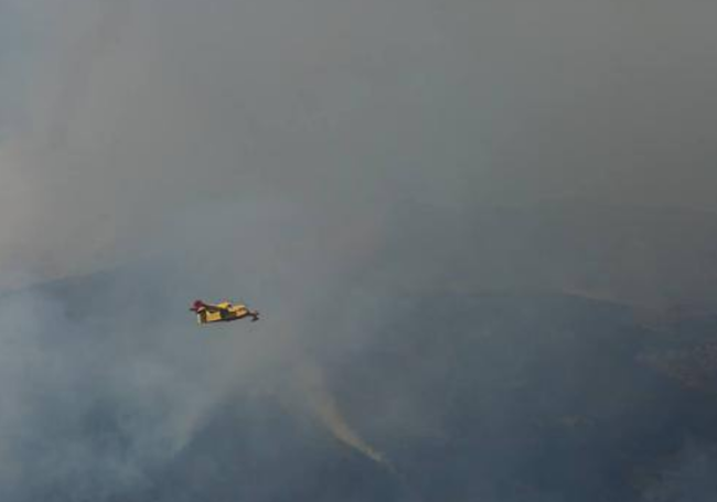 Una avioneta trabajando para extinguir el incendio en Montes de la Valdueza en 2022.