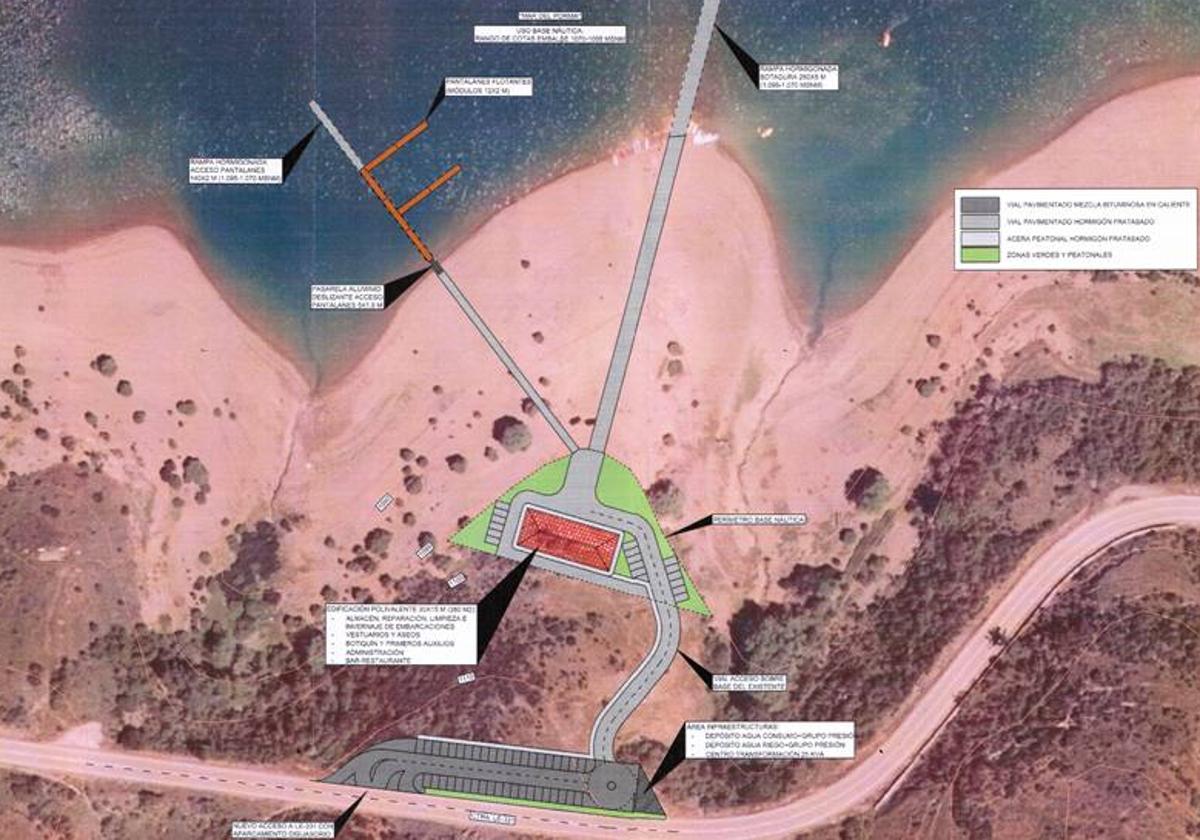 Plano del proyecto para la creación de una base naútica en la zona de Lodares del embalse del Porma.