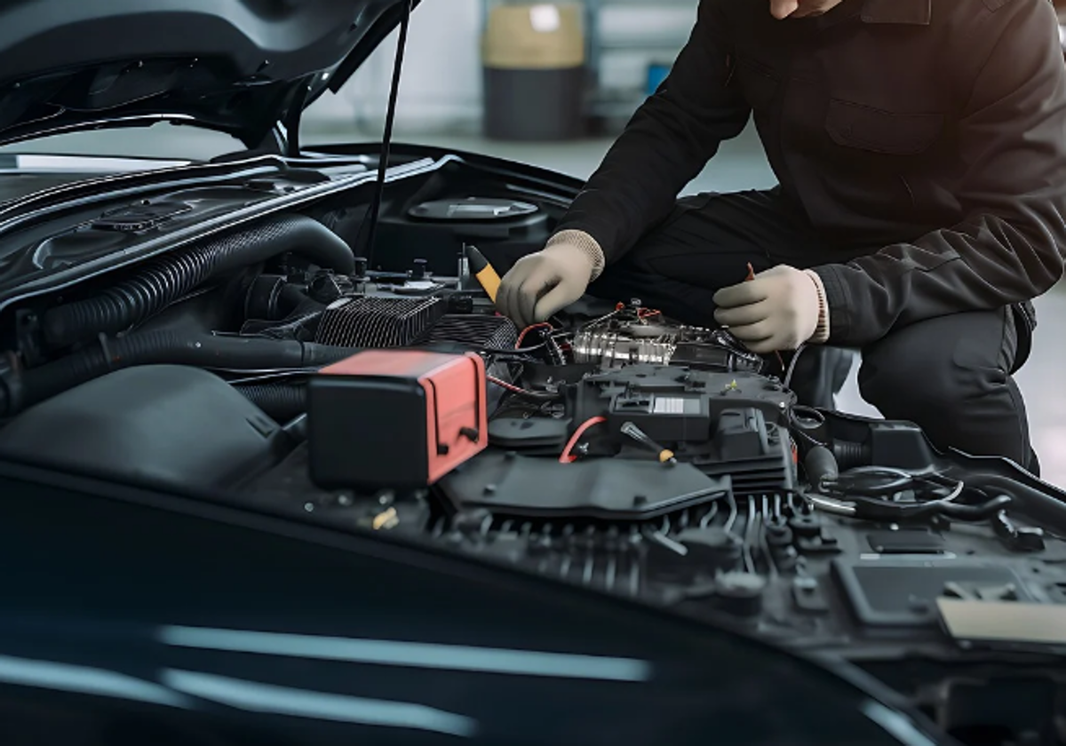 Un mecánico, trabajador autónomo, realizando la reparación de un automóvil.