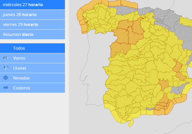 Mapa de alertas metereológicas de la Agencia Estatal de Metereología.