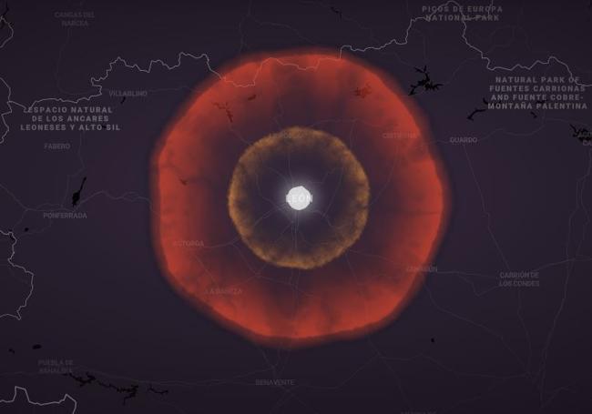 Zona que afectaría una explosión de la cabeza nuclear más potente.