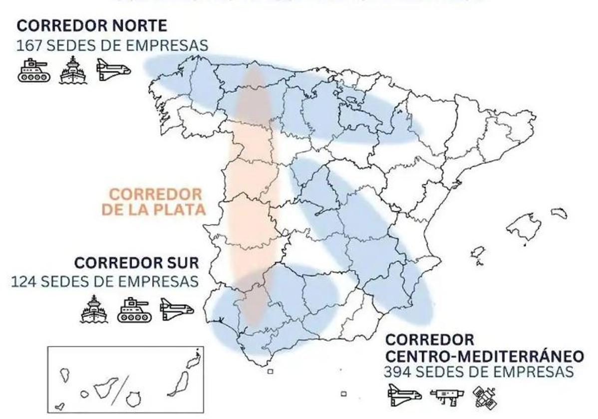 Mapa que aparece en el informe Estrategia Industrial de Defensa 2023, que ya incluye el proyecto del Corredor de la Plata.