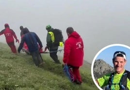 Efectivos de bomberos y agentes de la Guardia Civil portean el cadáver de 'Pepelu', abajo.